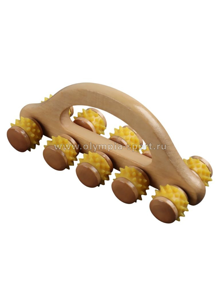 Массажёр деревянный гусеница с ручкой пластик (10 колес, 18*6*7см) OT